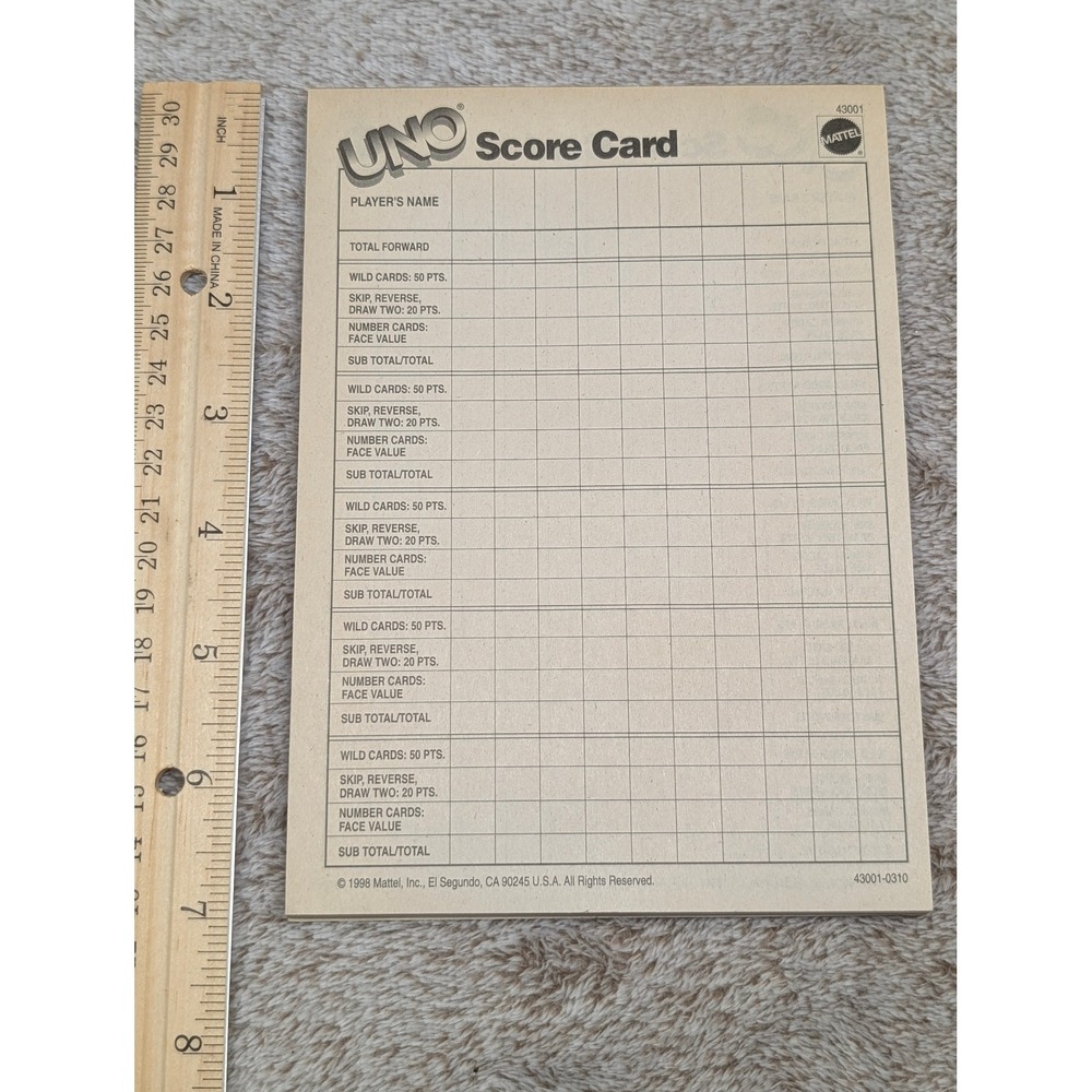 Vintage 1998 Mattel‎ Uno Card Game Score Card Pad 49 Double Sided Sheets 43001